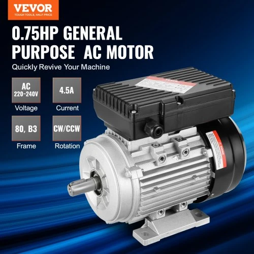 Koduva VEVOR elektrinis variklis 0,55 kW, 1400 aps./min, AC 220–240 V, 4,5 A, 80 rėmas, B3, 19 mm velenas
