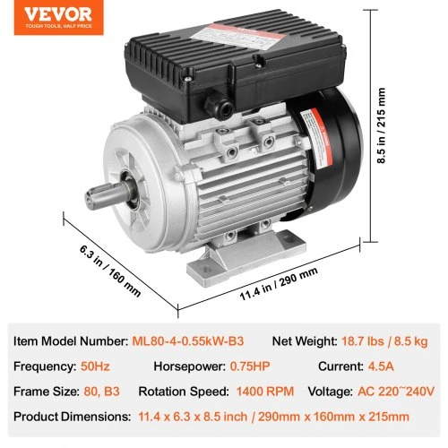 Koduva VEVOR elektrinis variklis 0,55 kW, 1400 aps./min, AC 220–240 V, 4,5 A, 80 rėmas, B3, 19 mm velenas