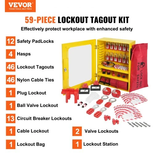 Koduva VEVOR elektros lockout/tagout rinkinys, 59 vnt. saugos stotelė su spynomis, kabėmis, žymomis, užraktomis detalėmis ir dėže