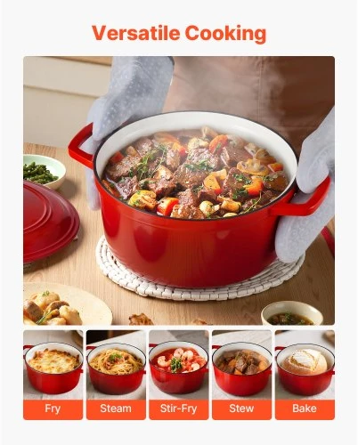 VEVOR Emaliuoto ketaus puodas „Dutch Oven“, 5,7 l, su dangčiu ir dvigubomis rankenomis, raudonas