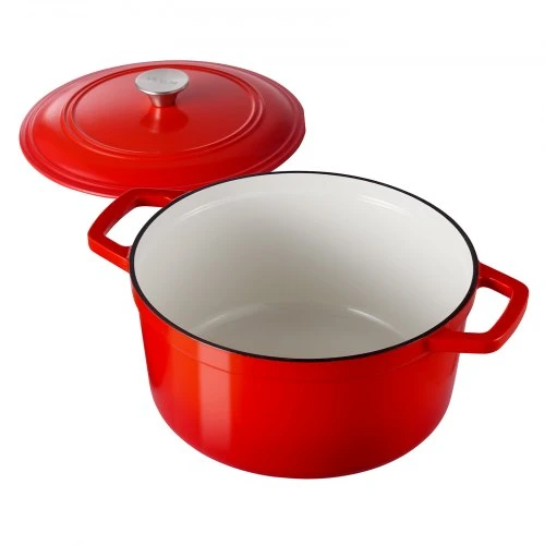 VEVOR Emaliuoto ketaus puodas „Dutch Oven“, 5,7 l, su dangčiu ir dvigubomis rankenomis, raudonas