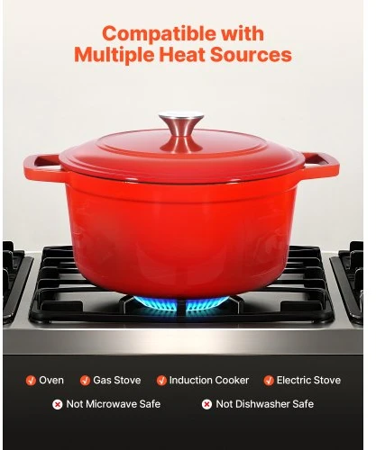 VEVOR Emaliuoto ketaus puodas „Dutch Oven“, 5,7 l, su dangčiu ir dvigubomis rankenomis, raudonas