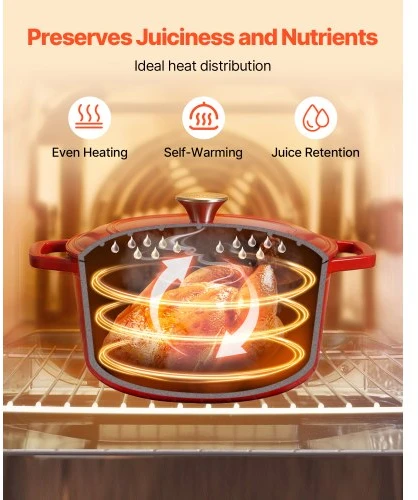 VEVOR Emaliuoto ketaus puodas „Dutch Oven“, 5,7 l, su dangčiu ir dvigubomis rankenomis, raudonas