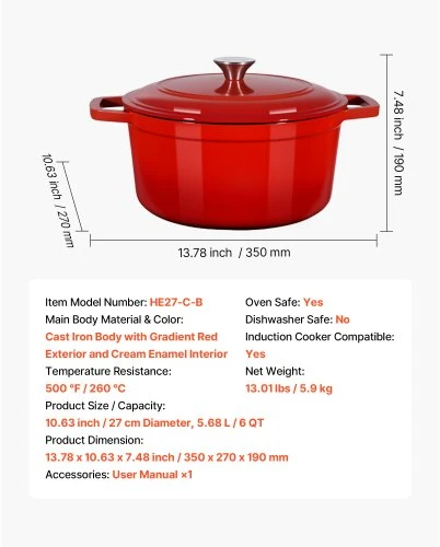 VEVOR Emaliuoto ketaus puodas „Dutch Oven“, 5,7 l, su dangčiu ir dvigubomis rankenomis, raudonas