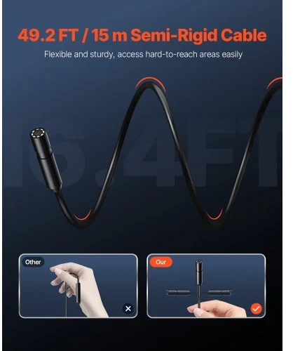 VEVOR Endoskopinė kamera su 15 m pusiau standžiu kabeliu, 1920P HD, 8 LED, 2X priartinimu, IP67