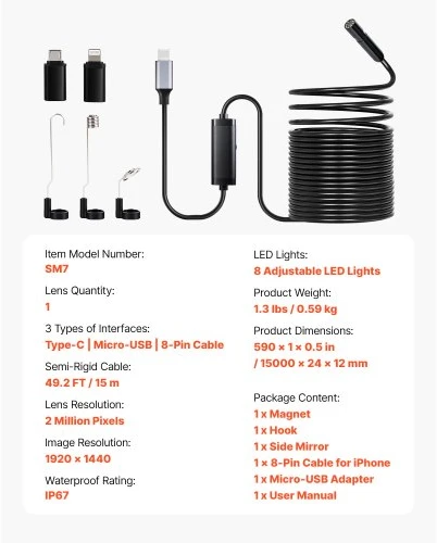 VEVOR Endoskopinė kamera su 15 m pusiau standžiu kabeliu, 1920P HD, 8 LED, 2X priartinimu, IP67