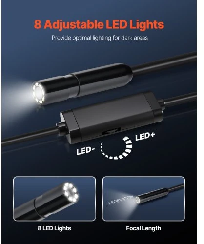 VEVOR Endoskopinė kamera su 15 m pusiau standžiu kabeliu, 1920P HD, 8 LED, 2X priartinimu, IP67