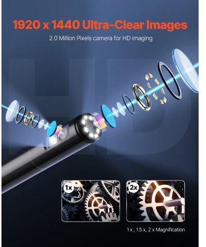 VEVOR Endoskopinė kamera su šviesa, dviguba kamera, skirta Android ir iOS, 1920P HD, 8+1 LED, 2X priartinimas, 3 m kabelis, IP67