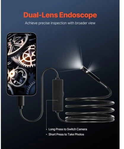VEVOR Endoskopinė kamera su šviesa, dviguba kamera, skirta Android ir iOS, 1920P HD, 8+1 LED, 2X priartinimas, 3 m kabelis, IP67