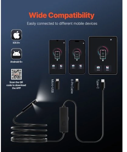 VEVOR Endoskopinė kamera su šviesa, dviguba kamera, skirta Android ir iOS, 1920P HD, 8+1 LED, 2X priartinimas, 3 m kabelis, IP67