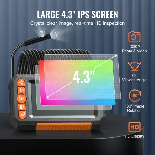 Koduva VEVOR endoskopinė kamera su šviesomis, dviguba objektyvo boreskopinė, 5 m kabelis, 4,3" ekranas