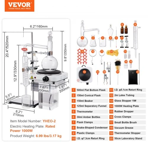 Koduva VEVOR eterinių aliejų distiliavimo rinkinys, 500 ml, 3,3 boro stiklas, 1000 W kaitinimo plokštė, 24/40 jungtis, 33 vnt.