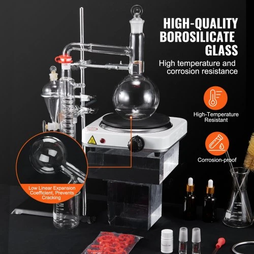 Koduva VEVOR eterinių aliejų distiliavimo rinkinys, 500 ml, 3,3 boro stiklas, 1000 W kaitinimo plokštė, 24/40 jungtis, 33 vnt.