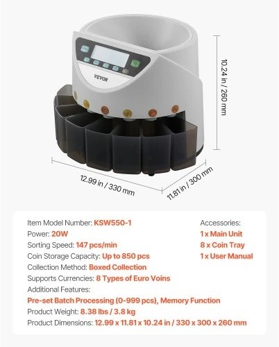 VEVOR Euro monetų rūšiuotuvas ir skaičiavimo aparatas 8 euro monetų tipams, iki 850 monetų, LCD ekranas