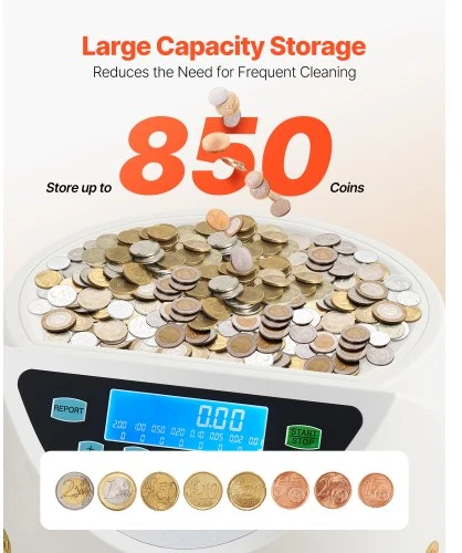 VEVOR Euro monetų rūšiuotuvas ir skaičiavimo aparatas 8 euro monetų tipams, iki 850 monetų, LCD ekranas