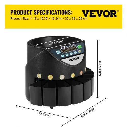 VEVOR Euro monetų skaičiavimo ir rūšiavimo aparatas, 500–1000 monetų, automatinis, 300 monetų/min, 8 stalčiai