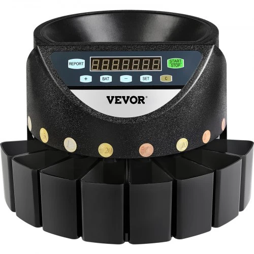VEVOR Euro monetų skaičiavimo ir rūšiavimo aparatas, 500–1000 monetų, automatinis, 300 monetų/min, 8 stalčiai