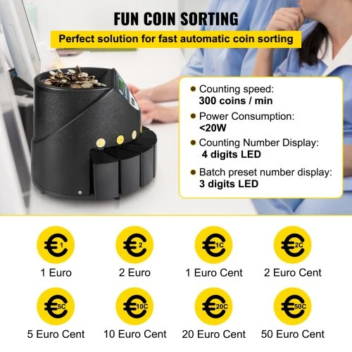 VEVOR Euro monetų skaičiavimo ir rūšiavimo aparatas, 500–1000 monetų, automatinis, 300 monetų/min, 8 stalčiai