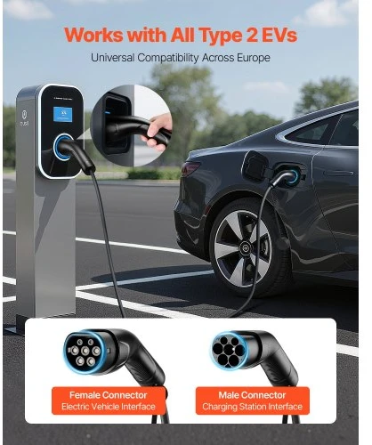 VEVOR EV įkroviklio ilginamasis kabelis, 32 A, 10 m, iki 22 kW, Type 2, 3 fazių AC 480V 50Hz