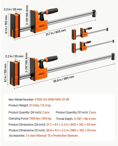 VEVOR F spaustuvai medienos darbams, 4 vnt., 60,96 cm ir 78,7 cm, 500 kg