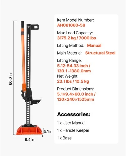 VEVOR Farm jack su pagrindu, 152,5 cm, 3,18 t, 130,1–1380 mm kėlimo diapazonas