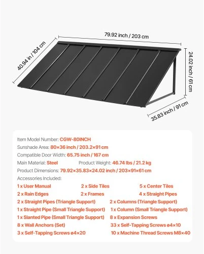 Koduva VEVOR fiksuotas metalinis stogelis 80 x 36 in, langų ir durų stogas, plieno rėmas