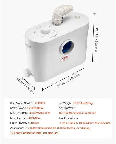 VEVOR FLO900 macerator pumpa, 900 W, 180 l/min, 12 m, 4 vandens įvadai