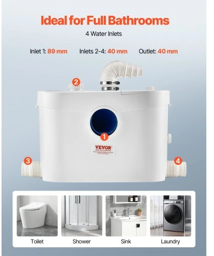 VEVOR FLO900 macerator pumpa, 900 W, 180 l/min, 12 m, 4 vandens įvadai