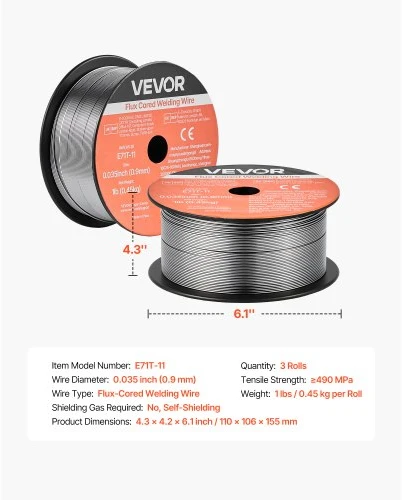 Koduva VEVOR flux core MIG suvirinimo viela E71T-11, 0,9 mm, 0,45 kg, 3 ritės