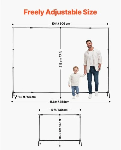 VEVOR Fono stovas, reguliuojamas 7 x 10 ft, su ratukais