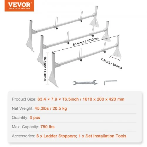 VEVOR Furgono stogo kopėčių laikiklis, 3 skersiniai, legiruotas plienas, 340 kg, 143-156 cm