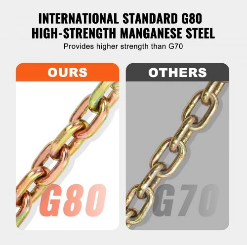 VEVOR G80 tempimo grandinė vilkimui su kabliais, 9,5 mm x 313,9 cm, 2 vnt.