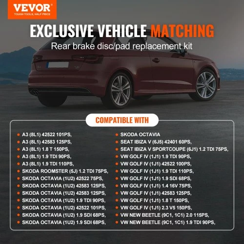 VEVOR Galinių stabdžių komplektas, suderinamas su AUDI A3(8L), SEAT IBIZA, SKODA OCTAVIA, ROOMSTER, VW GOLF IV, 232 mm