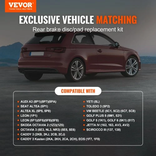 VEVOR Galinių stabdžių komplektas Audi A3 (8P), VW Golf 5/6, Seat Leon, Skoda Octavia, Altea, 253 mm