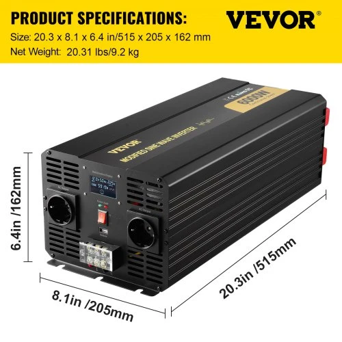 VEVOR Galios keitiklis 6000W, DC 12V į AC 230V, modifikuota sinusinė banga, TM-6000W