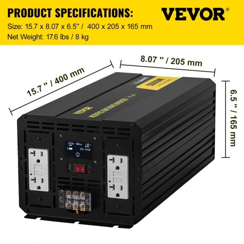Koduva VEVOR galios keitiklis, modifikuota sinusoidė, 5000W, DC 12V į AC 110V, LCD