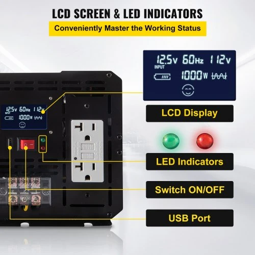 Koduva VEVOR galios keitiklis, modifikuota sinusoidė, 5000W, DC 12V į AC 110V, LCD