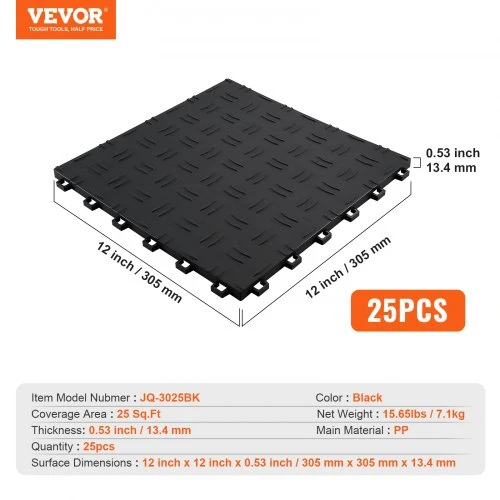 VEVOR Garažo grindų plytelės, 305 x 305 x 13,4 mm, 25 vnt., juodos