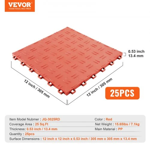 VEVOR Garažo grindų plytelės, sujungiamas kilimėlis, 305 x 305 x 13,4 mm, 25 vnt., raudona