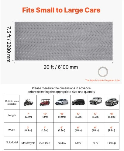 VEVOR Garažo grindų ritinys, 2,28 x 6,1 m, 2,2 mm PVC deimantinės plokštės rašto, sidabro pilkas