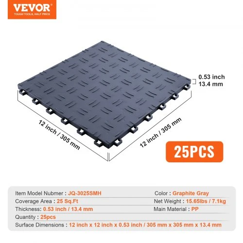VEVOR Garažo plytelės, tarpusavyje sujungiamos, 25 vnt., 305 x 305 x 13,4 mm, grafito pilka