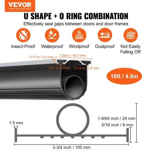 VEVOR Garažo vartų apatinė sandarinimo juosta, U + O formos, 4,88 m, 8 mm, juoda