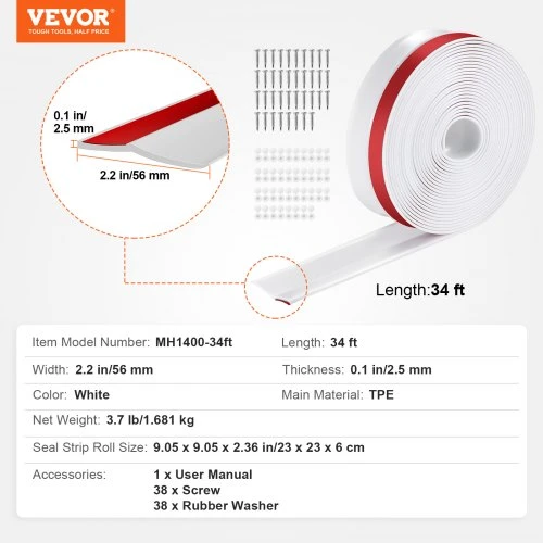 VEVOR Garažo vartų sandariklis viršui ir šonams, 34 FT, baltas