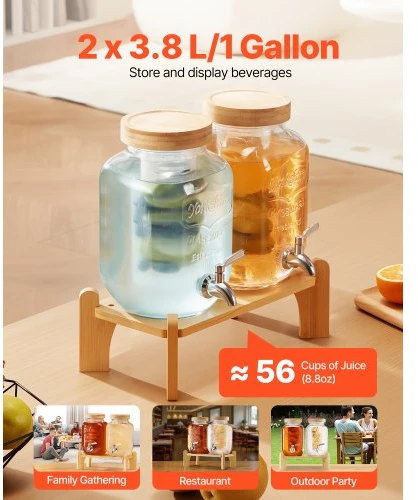Koduva VEVOR gėrimų dozatorius, 2 vnt., 3,8 l, stiklinis su mediniu stovu