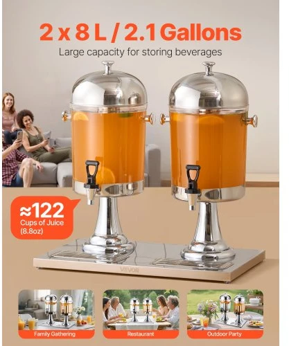 Koduva VEVOR gėrimų dozatorius, 8 l x 2, nerūdijančio plieno ir plastiko, su kraneliu ir ledo kamera