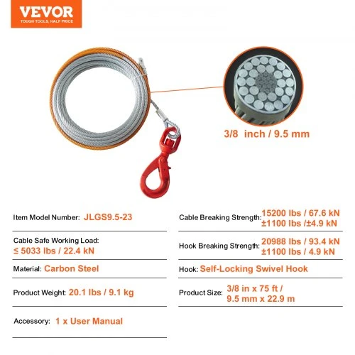VEVOR Gervės trosas, 9,5 mm x 22,9 m, galvanizuotas plienas, su sukamuoju kabliu
