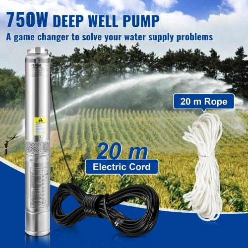 VEVOR Giluminis panardinamas siurblys 750 W, 230 V/50 Hz, 100 l/min, 66 m, nerūdijantis plienas