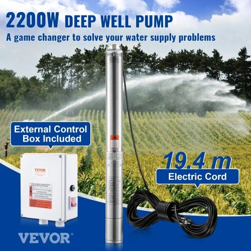 VEVOR Giluminis panardinamas siurblys 2200W 230V, 9.8 m³/h, 144 m, nerūdijančio plieno, 19.4 m laidas, 4SDM6/20