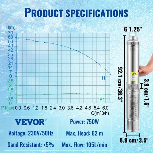 VEVOR Giluminis panardinamasis siurblys 750 W, 230 V/50 Hz, 105 l/min, 62 m, nerūdijančio plieno