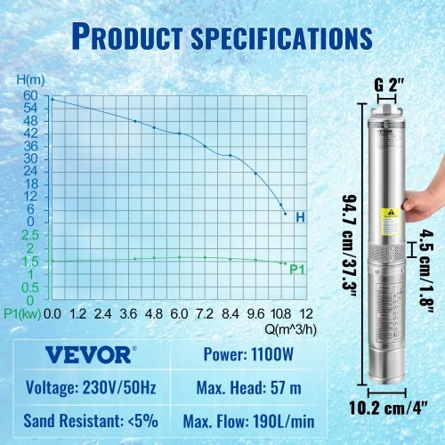 VEVOR Giluminis panardinamasis siurblys 1100 W, 230 V, 190 l/min, 57 m, 10,2 cm, nerūdijantis plienas